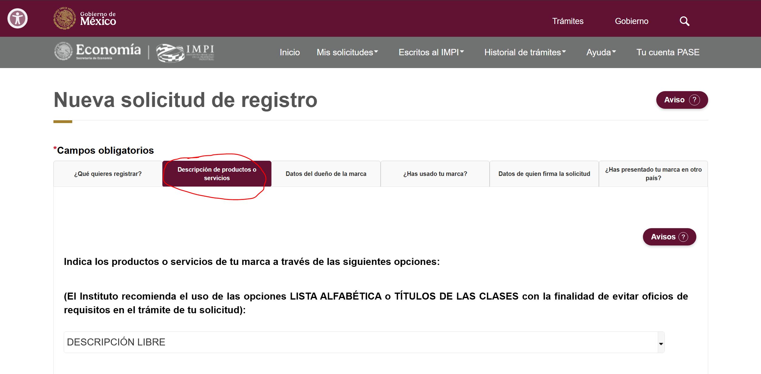Pestana del IMPI para descripcion de productos o servicios