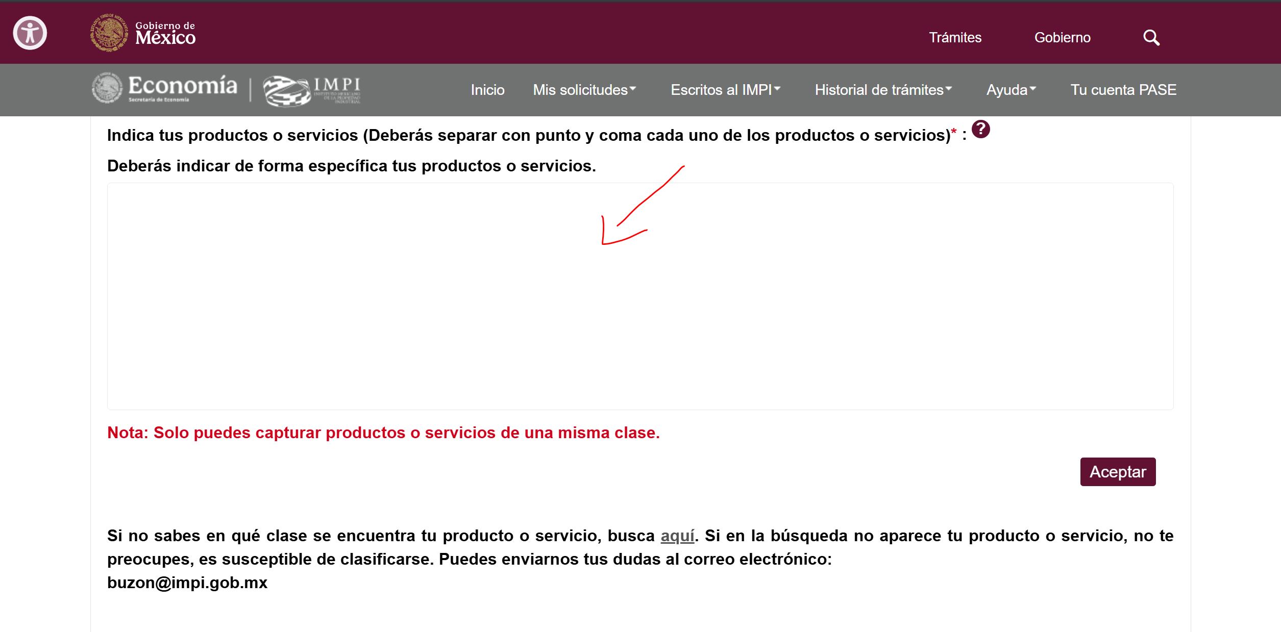 Campo de descripcion libre del IMPI
